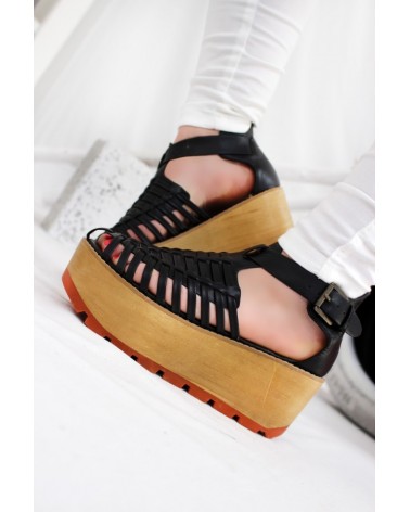 Sandália Plataforma CHUNKY Black Gladiator Wood Style