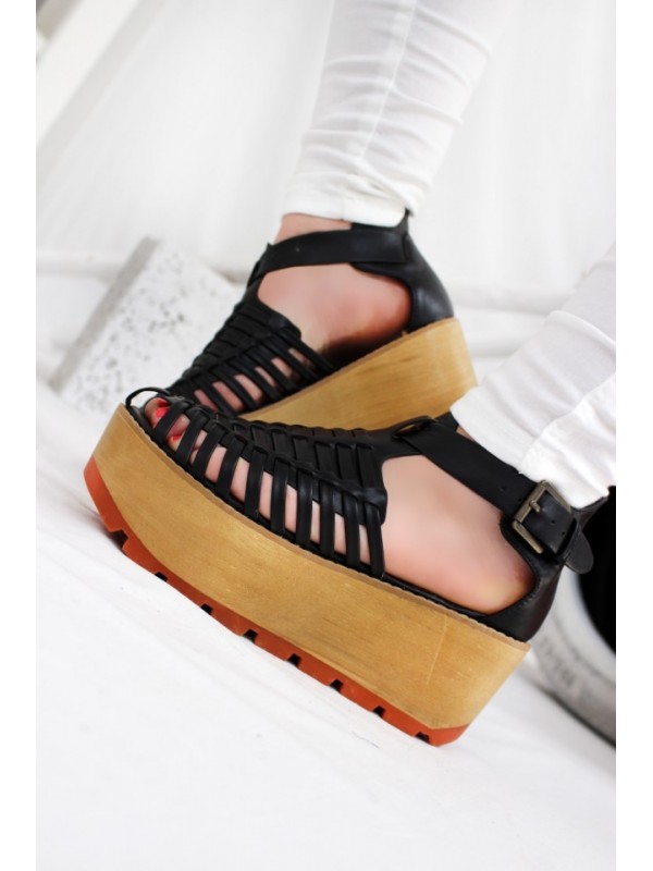 Sandália Plataforma CHUNKY Black Gladiator Wood Style